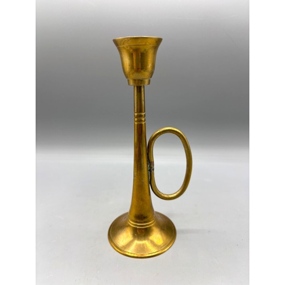 Vintage Brass Horn Candle‎ Holder With Handle  Elegant Gold Tapered Design